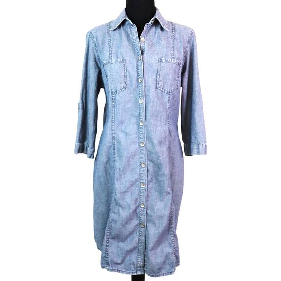 Coldwater Creek Denim Shirt Dress 12P Petite Blue 3/4 Sleeve Button Down Jean - Picture 1 of 8